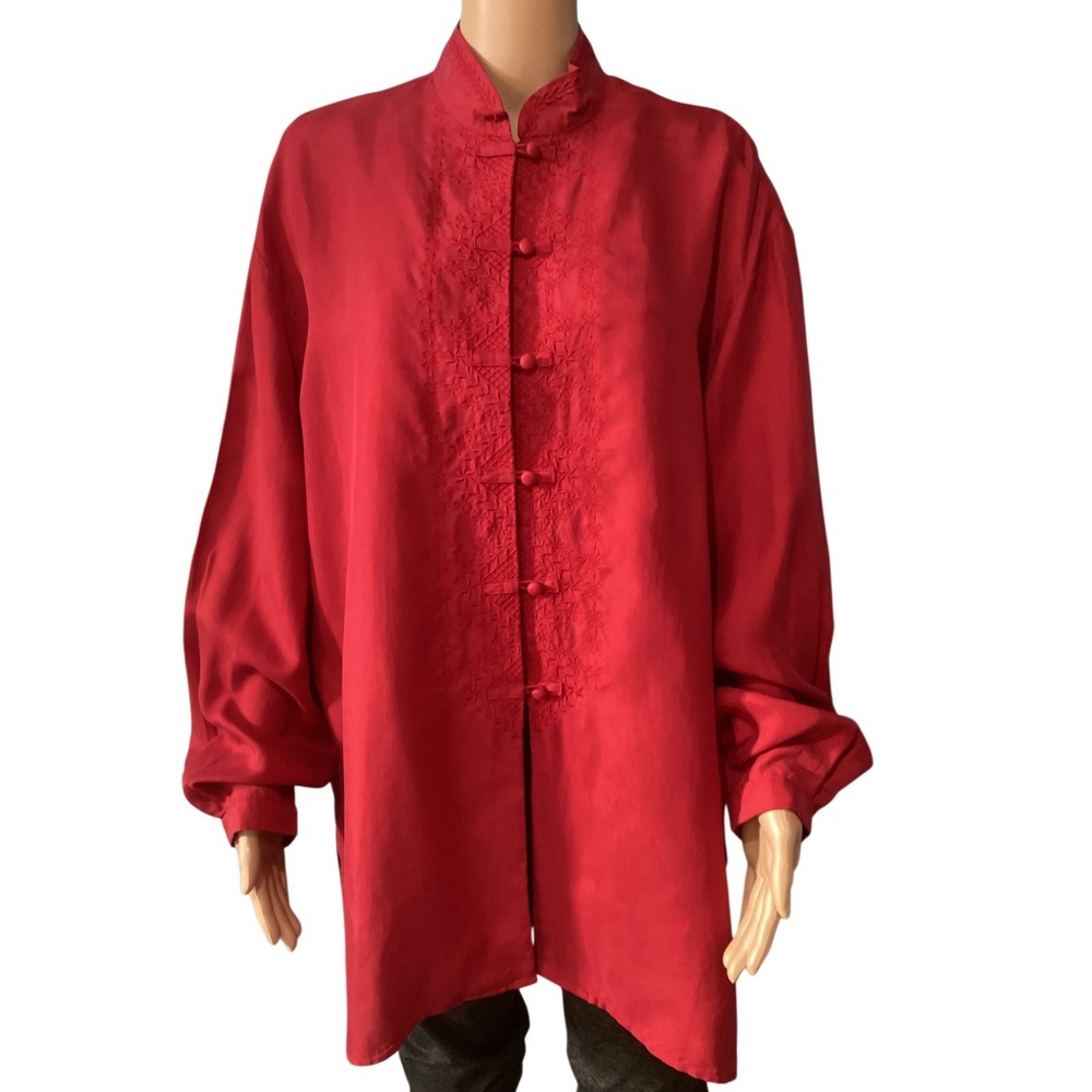 Vintage Lise J. 100% Silk Red Embroidered Tunic Blouse Frog Closure Mandarin 14W